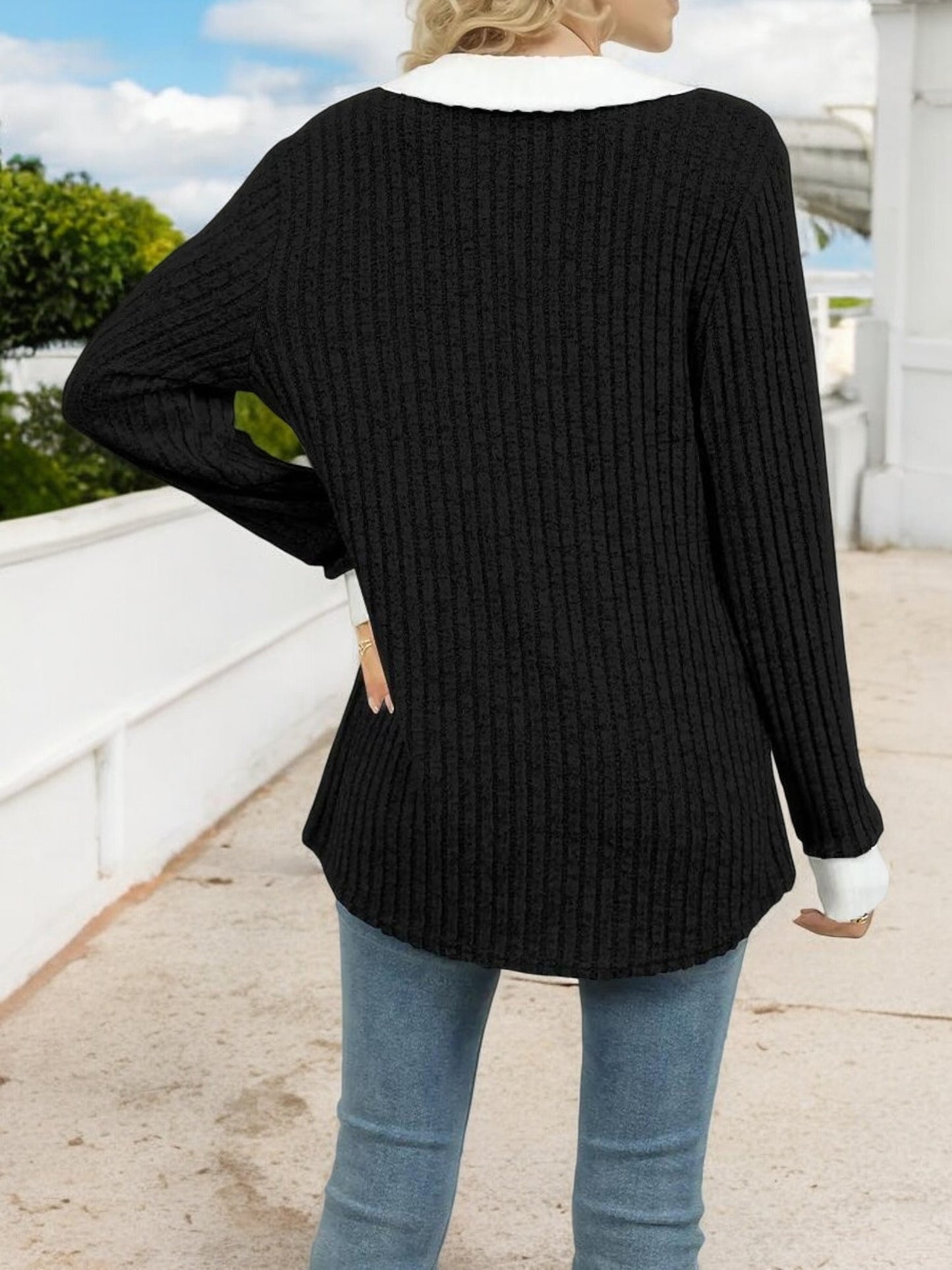 Anna-Kaci Women's Ribbed V-Neck Sweater with Contrast Collar and Cuffs