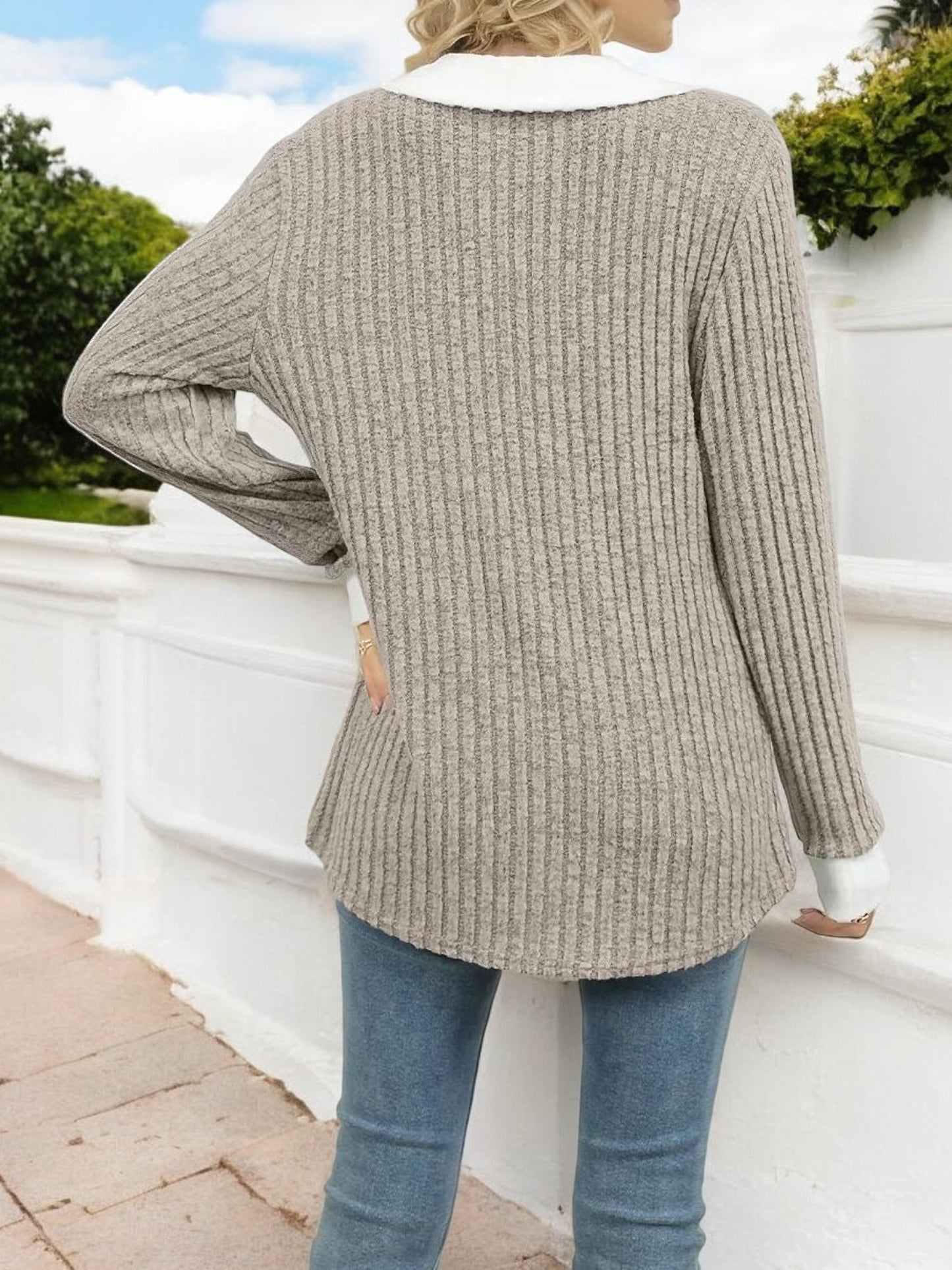 Anna-Kaci Women's Ribbed V-Neck Sweater with Contrast Collar and Cuffs