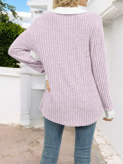 Anna-Kaci Women's Ribbed V-Neck Sweater with Contrast Collar and Cuffs