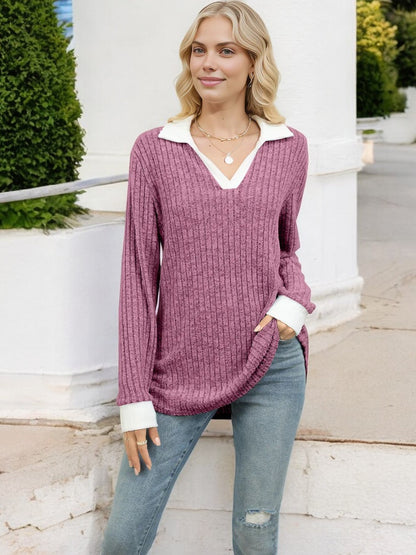 Anna-Kaci Women's Ribbed V-Neck Sweater with Contrast Collar and Cuffs