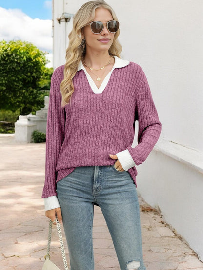 Anna-Kaci Women's Ribbed V-Neck Sweater with Contrast Collar and Cuffs