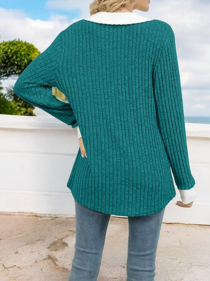 Anna-Kaci Women's Ribbed V-Neck Sweater with Contrast Collar and Cuffs