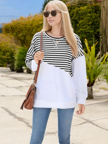 Anna-Kaci Women's Striped Colorblock Long Sleeve Pullover with Crew Neck