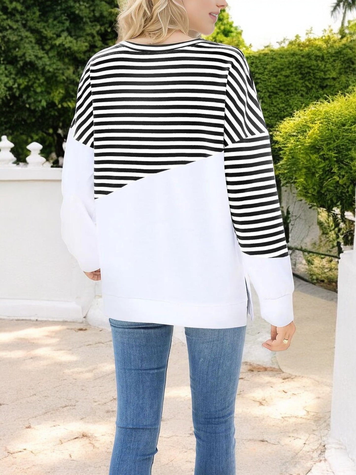 Anna-Kaci Women's Striped Colorblock Long Sleeve Pullover with Crew Neck