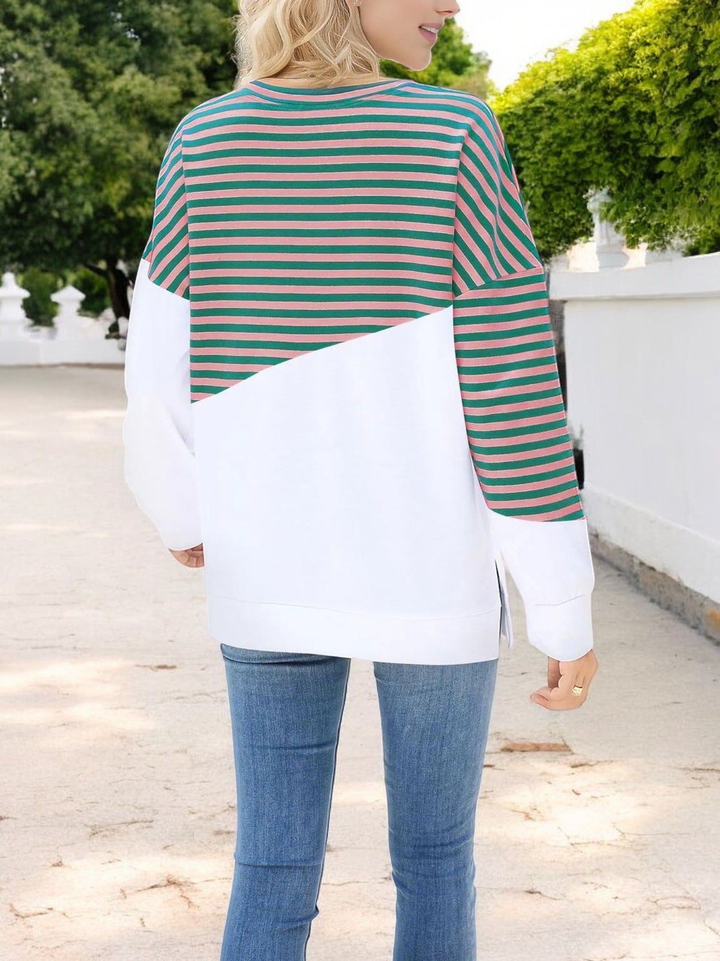 Anna-Kaci Women's Striped Colorblock Long Sleeve Pullover with Crew Neck