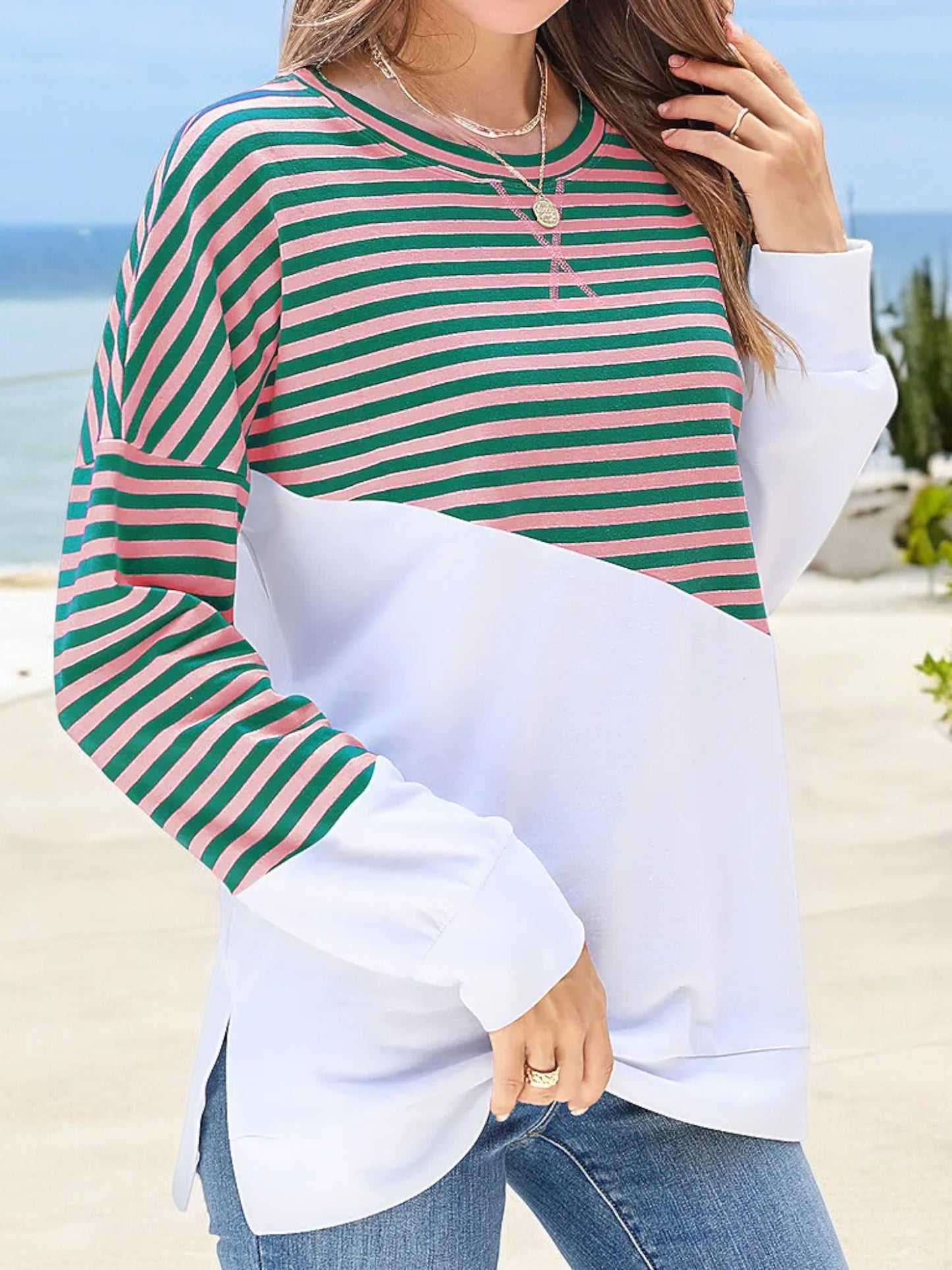 Anna-Kaci Women's Striped Colorblock Long Sleeve Pullover with Crew Neck