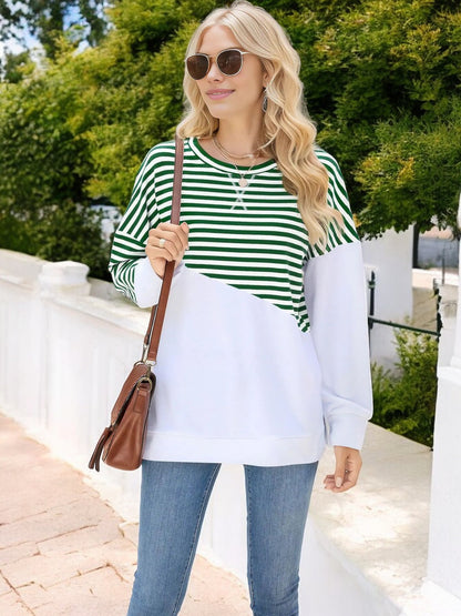 Anna-Kaci Women's Striped Colorblock Long Sleeve Pullover with Crew Neck