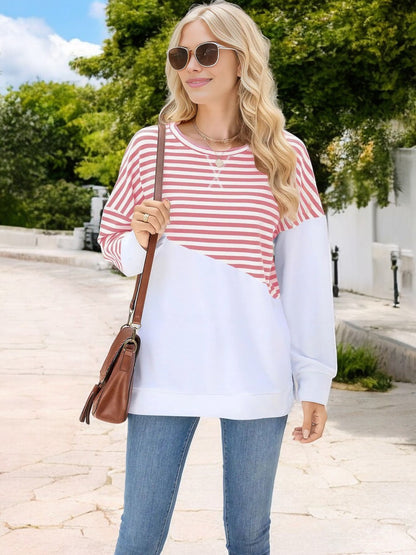 Anna-Kaci Women's Striped Colorblock Long Sleeve Pullover with Crew Neck