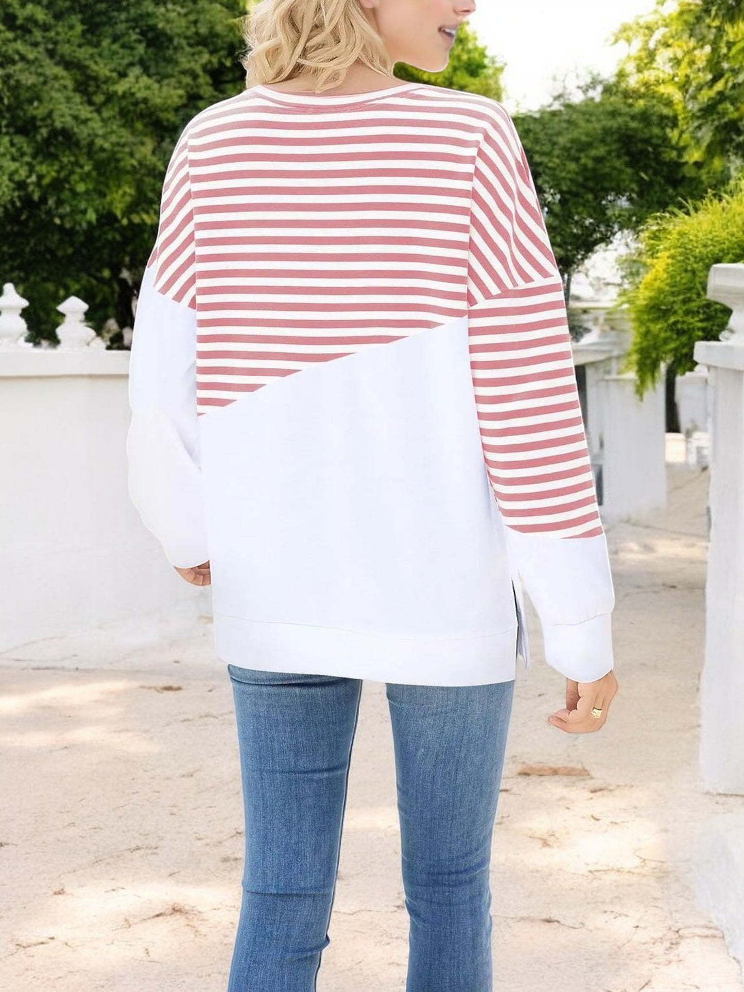 Anna-Kaci Women's Striped Colorblock Long Sleeve Pullover with Crew Neck