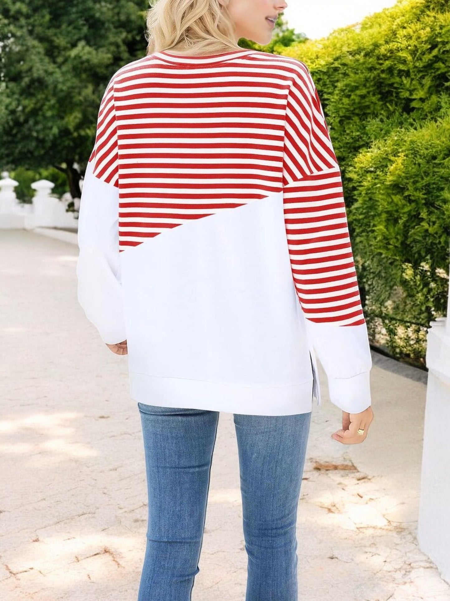 Anna-Kaci Women's Striped Colorblock Long Sleeve Pullover with Crew Neck