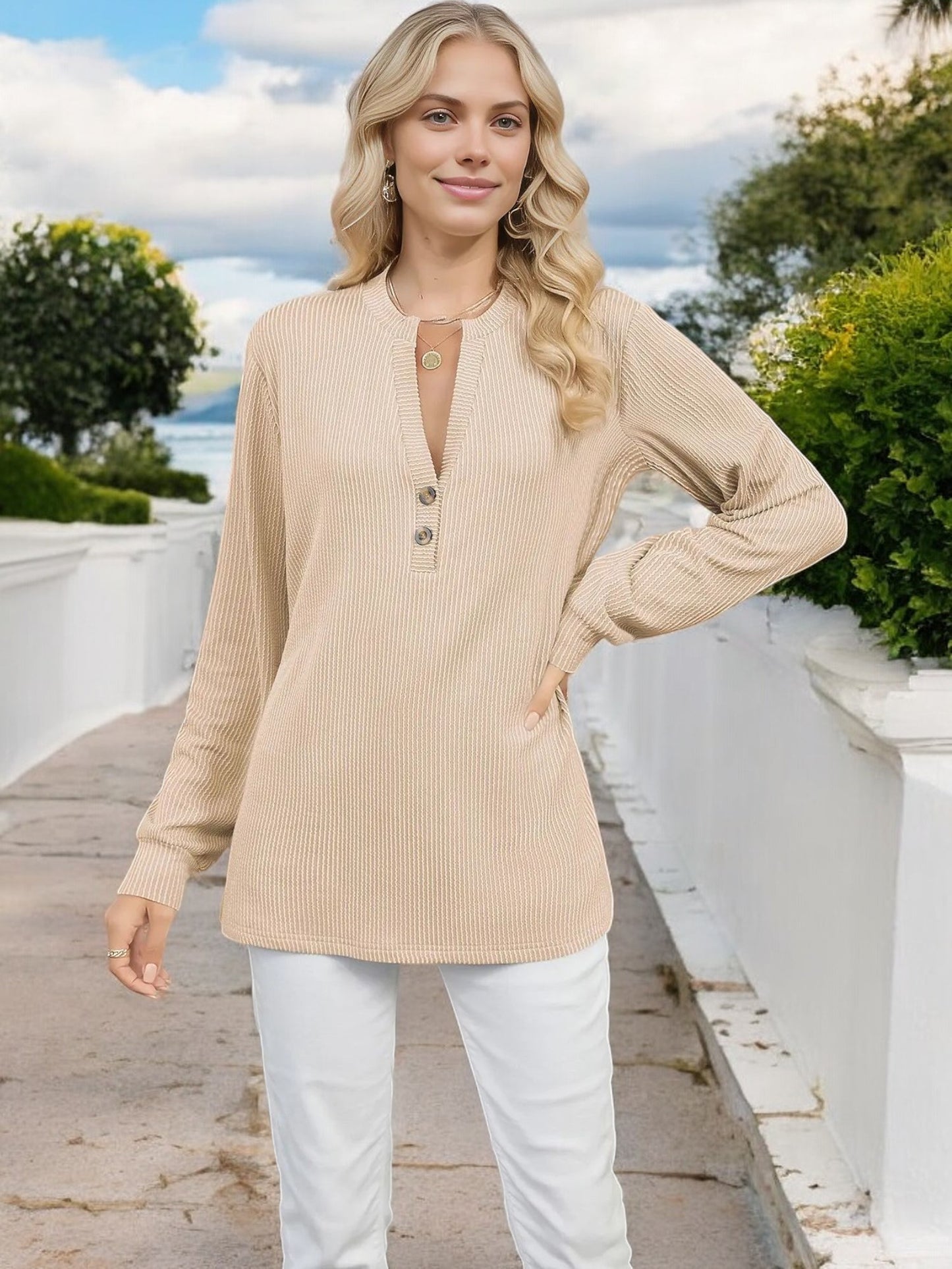 Anna-Kaci Women's Long Sleeve Henley Top with Ribbed Texture and Button Detail