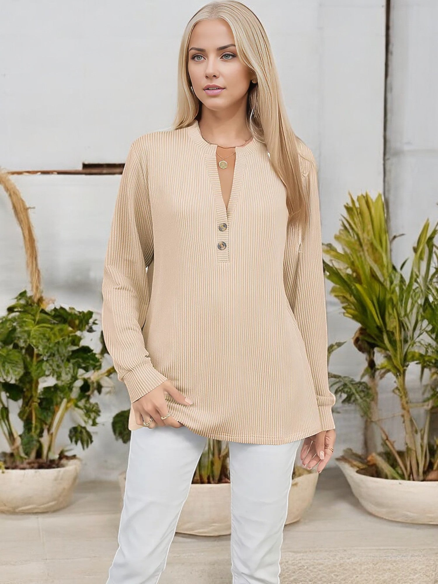 Anna-Kaci Women's Long Sleeve Henley Top with Ribbed Texture and Button Detail