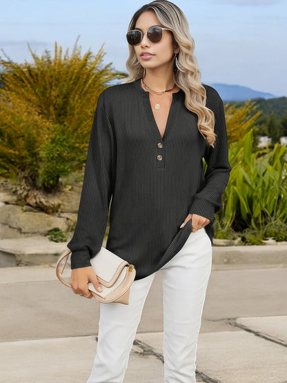 Anna-Kaci Women's Long Sleeve Henley Top with Ribbed Texture and Button Detail