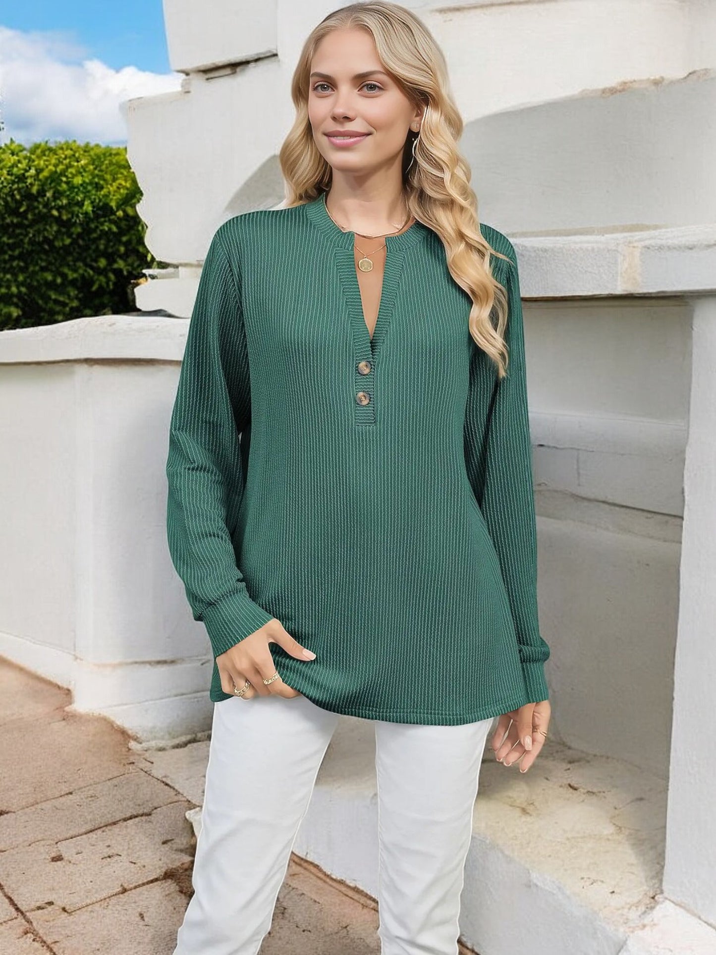 Anna-Kaci Women's Long Sleeve Henley Top with Ribbed Texture and Button Detail