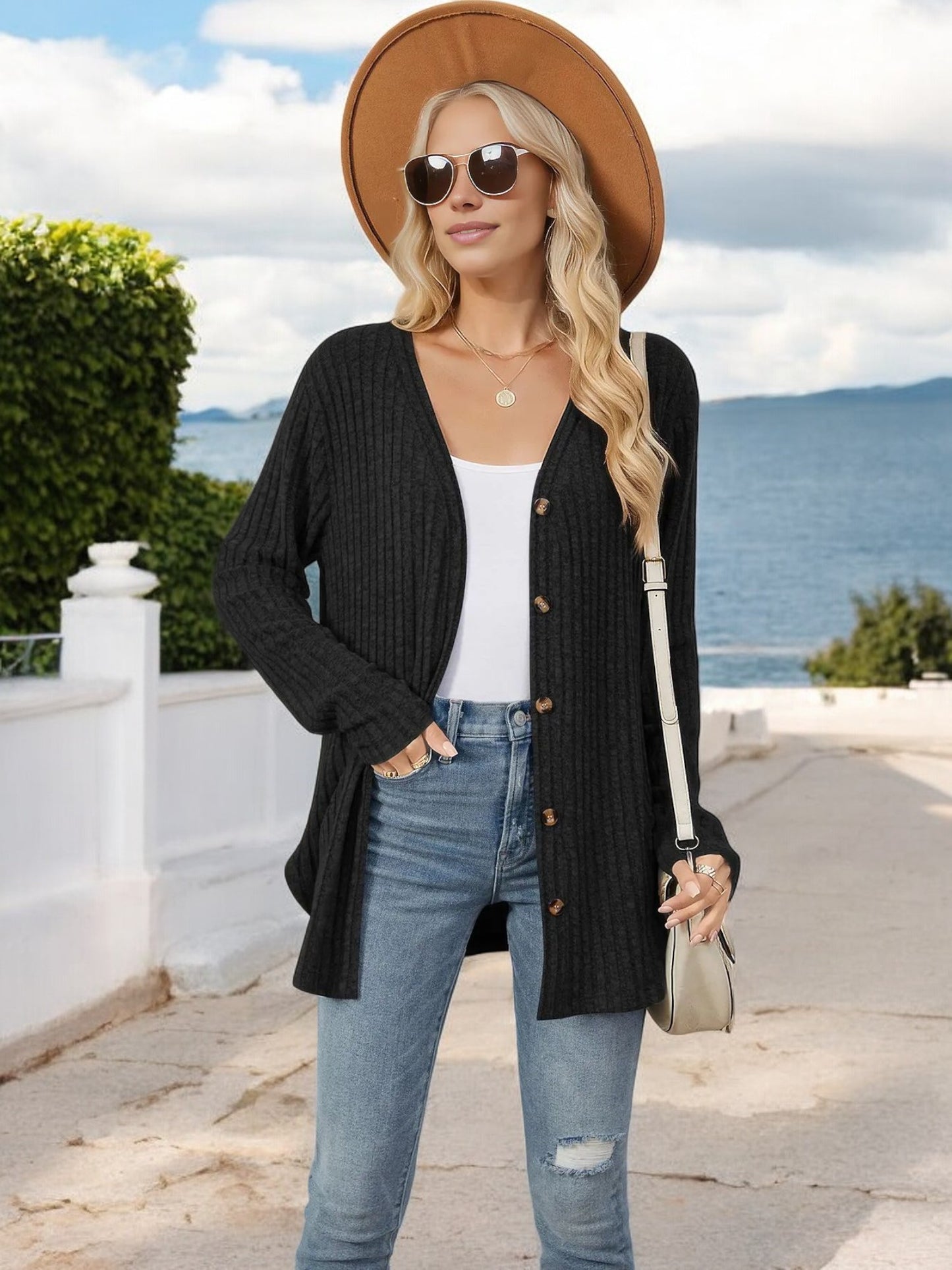 Anna-Kaci Women's Ribbed Button-Down Cardigan with Front Tie and V-Neck