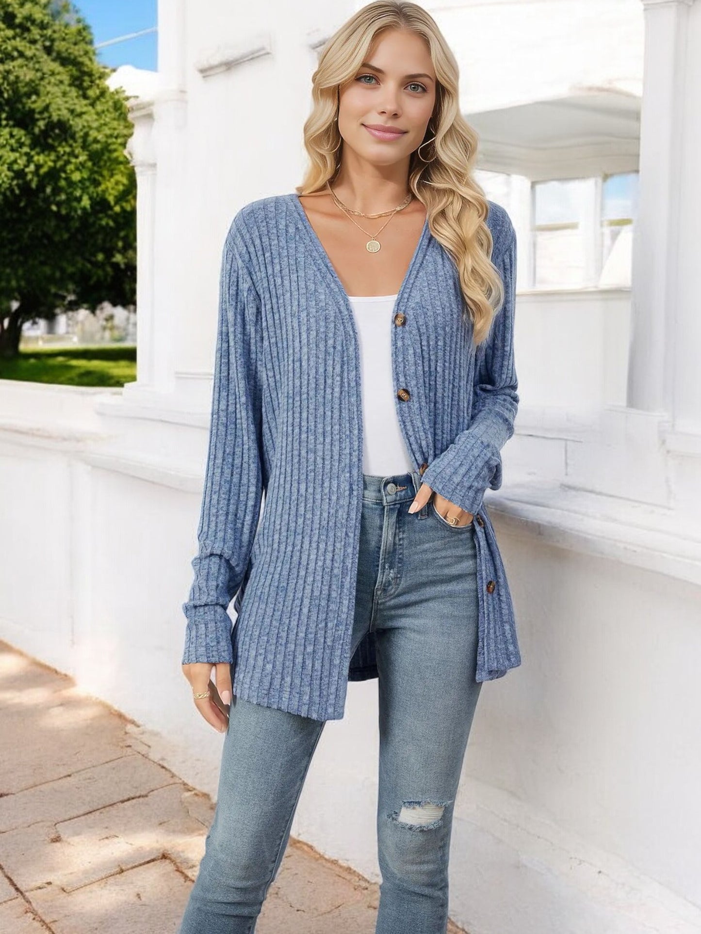 Anna-Kaci Women's Ribbed Button-Down Cardigan with Front Tie and V-Neck