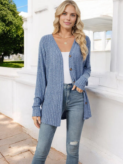 Anna-Kaci Women's Ribbed Button-Down Cardigan with Front Tie and V-Neck