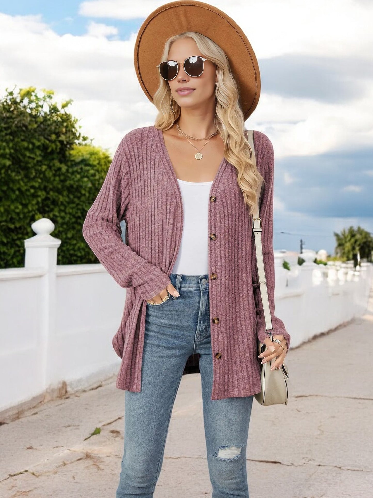 Anna-Kaci Women's Ribbed Button-Down Cardigan with Front Tie and V-Neck