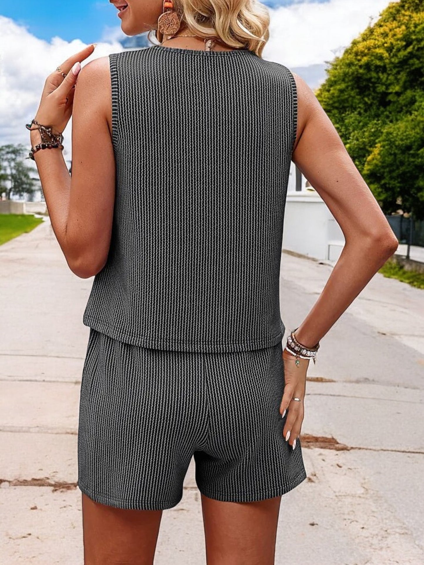 Anna-Kaci Women's Sleeveless Knit Top and High Waist Shorts Set with Ribbed Texture