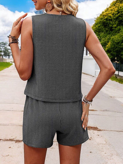 Anna-Kaci Women's Sleeveless Knit Top and High Waist Shorts Set with Ribbed Texture