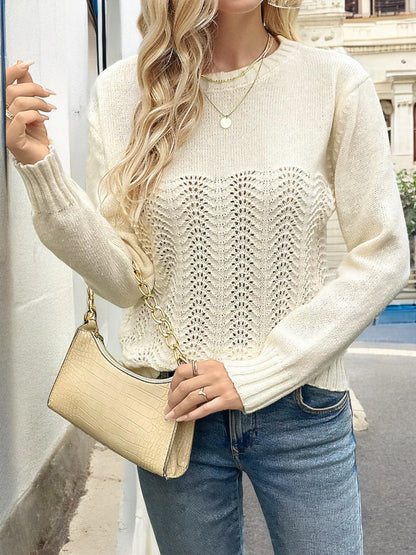 Anna-Kaci Women's Long Sleeve Knit Sweater with Wavy Crochet Front Detail