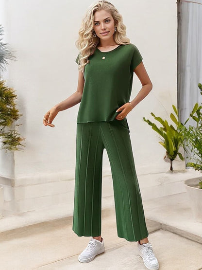 Anna-Kaci Women's Ribbed Knit Two-Piece Set with Cap Sleeve Top and Wide-Leg Pants
