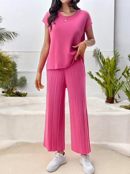 Anna-Kaci Women's Ribbed Knit Two-Piece Set with Cap Sleeve Top and Wide-Leg Pants