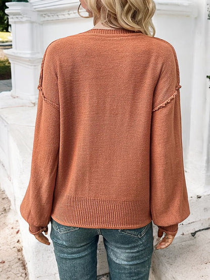 Anna-Kaci Women's V-Neck Long Sleeve Pullover Sweater with Raw Edge Details