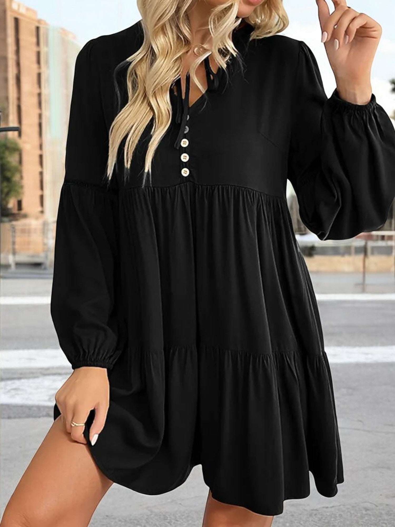 Anna-Kaci Women's Long Sleeve Button-Down Babydoll Dress with Tiered S