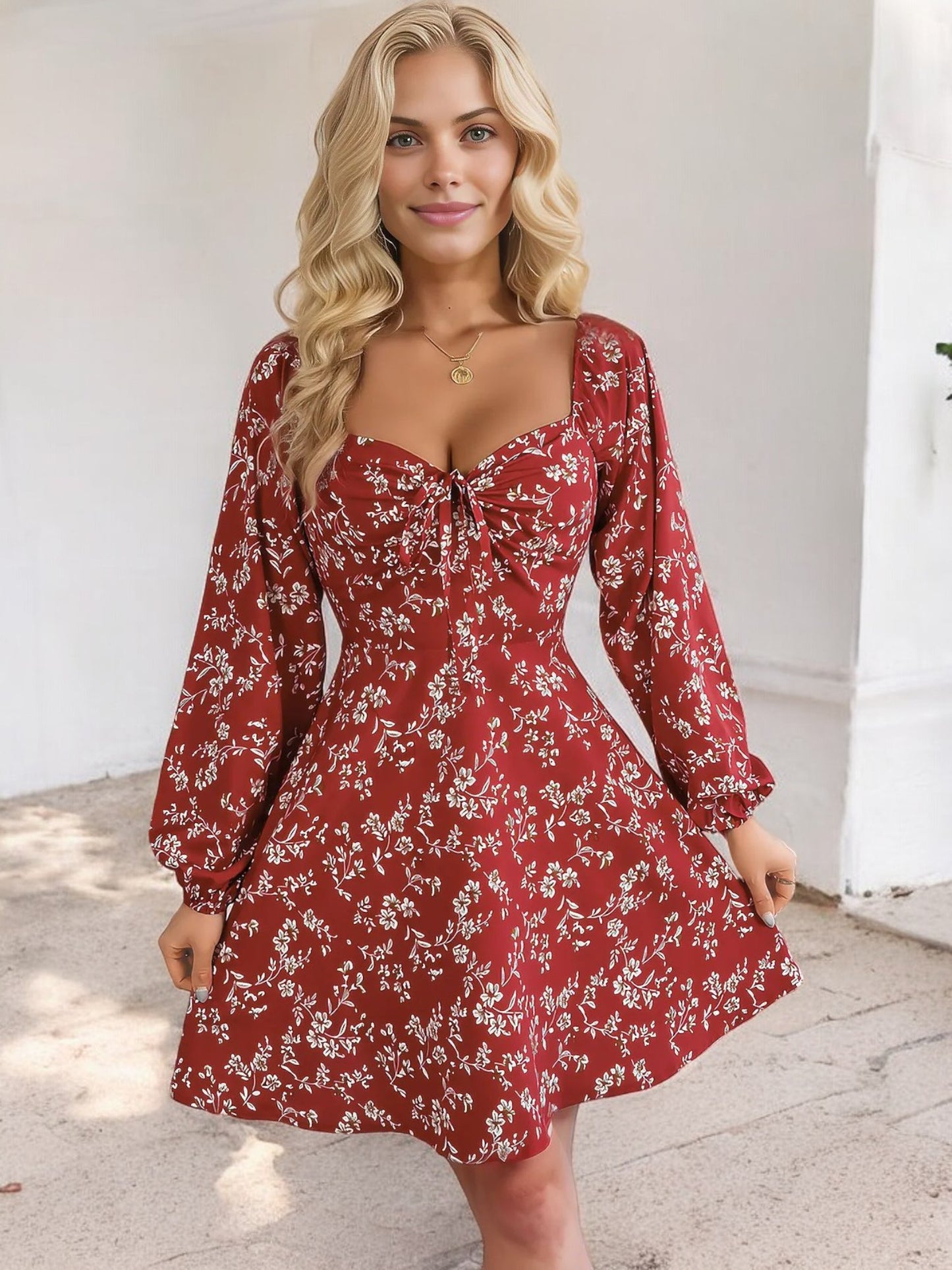 Anna-Kaci Women's Floral Long Sleeve Dress with Sweetheart Neckline and Tie Detail