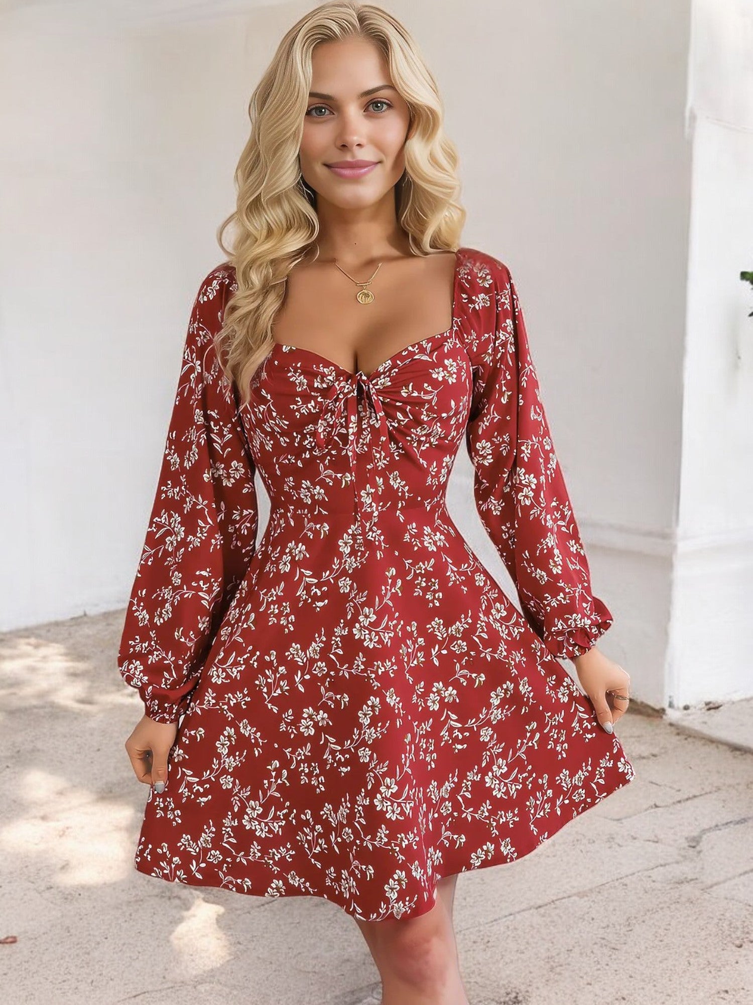 Anna-Kaci Women's Floral Long Sleeve Dress with Sweetheart Neckline and Tie Detail