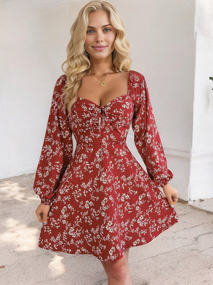 Anna-Kaci Women's Floral Long Sleeve Dress with Sweetheart Neckline and Tie Detail