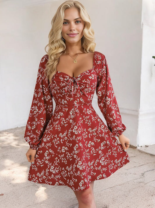 Anna-Kaci Women's Floral Long Sleeve Dress with Sweetheart Neckline and Tie Detail