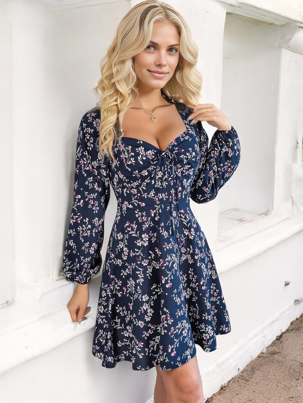 Anna-Kaci Women's Floral Long Sleeve Dress with Sweetheart Neckline and Tie Detail
