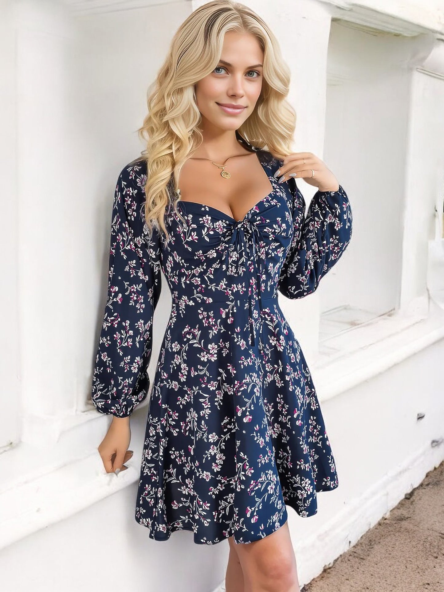 Anna-Kaci Women's Floral Long Sleeve Dress with Sweetheart Neckline and Tie Detail
