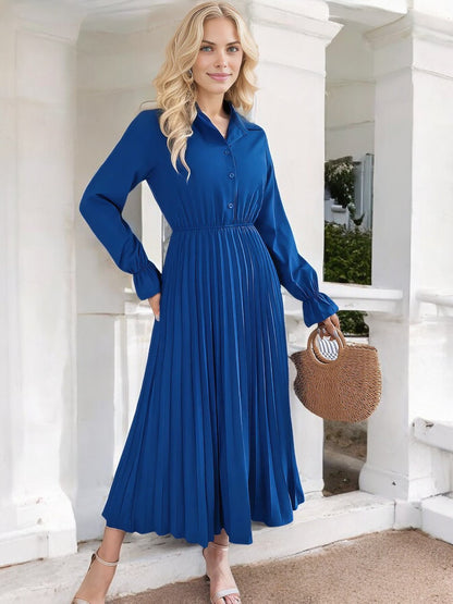Anna-Kaci Women's Long Sleeve Pleated Midi Dress with Button-Down Front and Smocked Waist