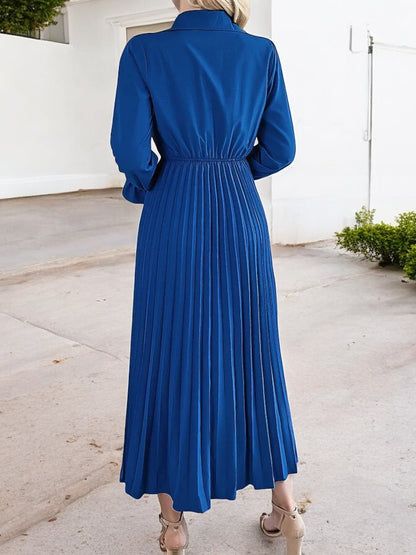 Anna-Kaci Women's Long Sleeve Pleated Midi Dress with Button-Down Front and Smocked Waist