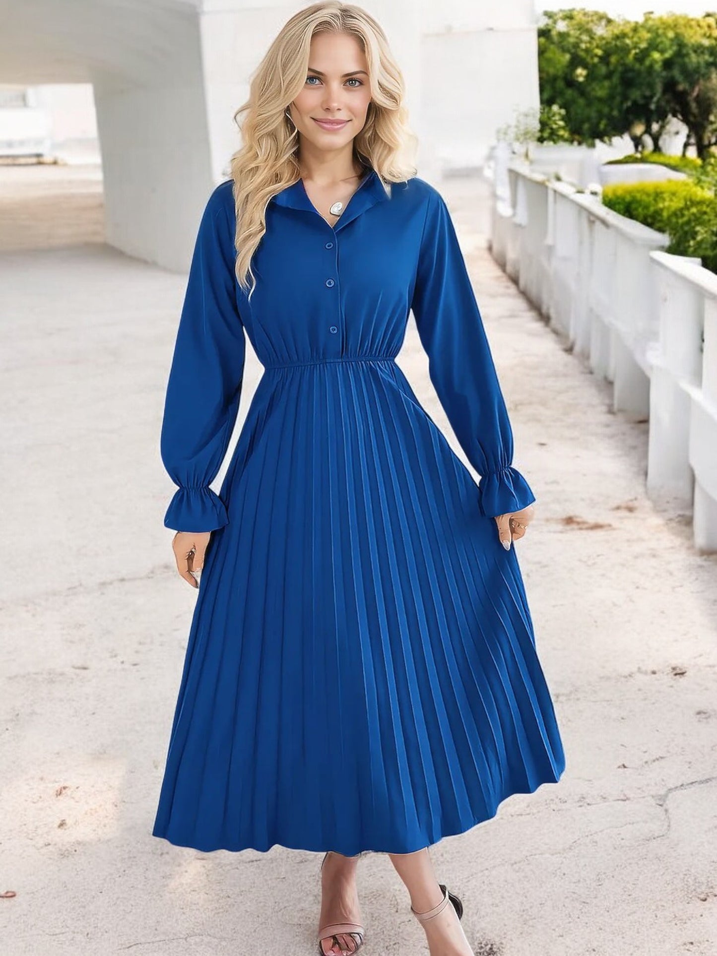 Anna-Kaci Women's Long Sleeve Pleated Midi Dress with Button-Down Front and Smocked Waist