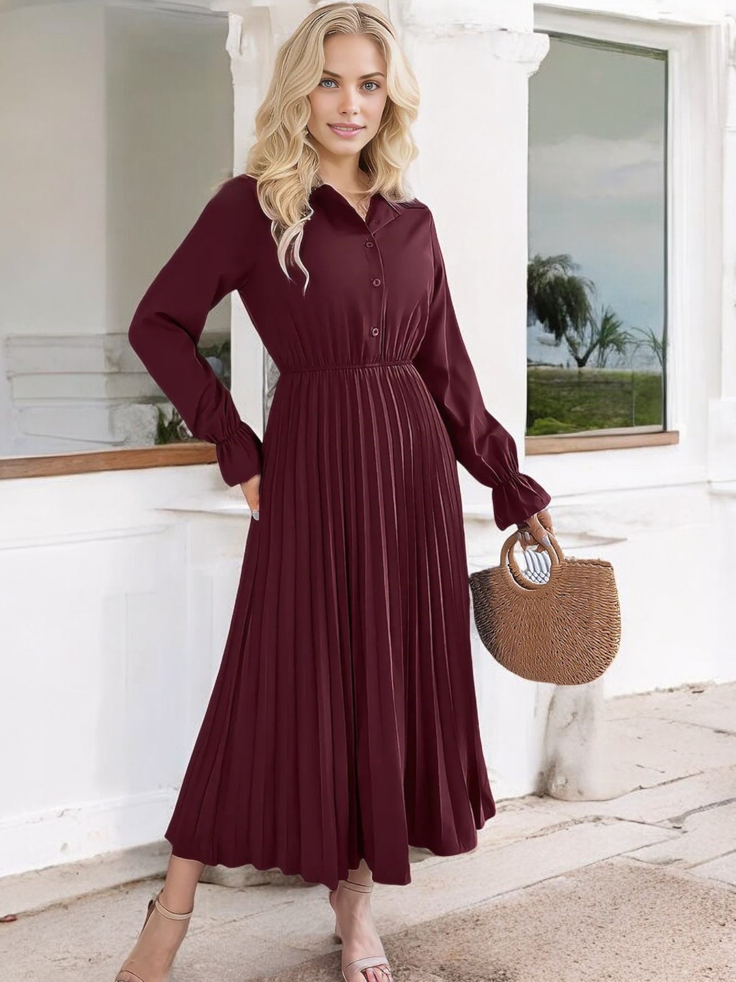 Anna-Kaci Women's Long Sleeve Pleated Midi Dress with Button-Down Front and Smocked Waist