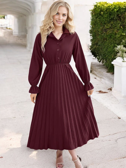 Anna-Kaci Women's Long Sleeve Pleated Midi Dress with Button-Down Front and Smocked Waist