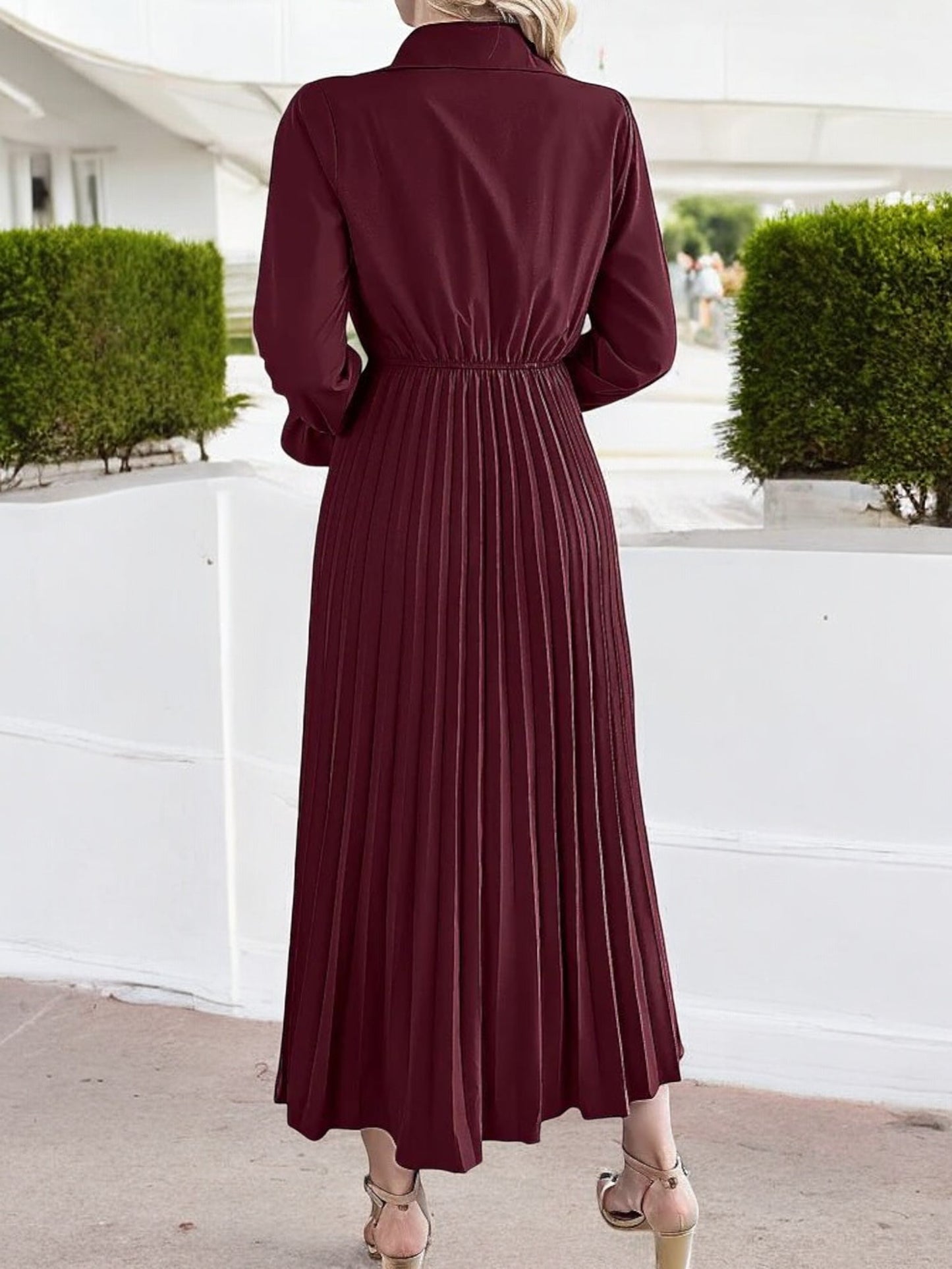 Anna-Kaci Women's Long Sleeve Pleated Midi Dress with Button-Down Front and Smocked Waist