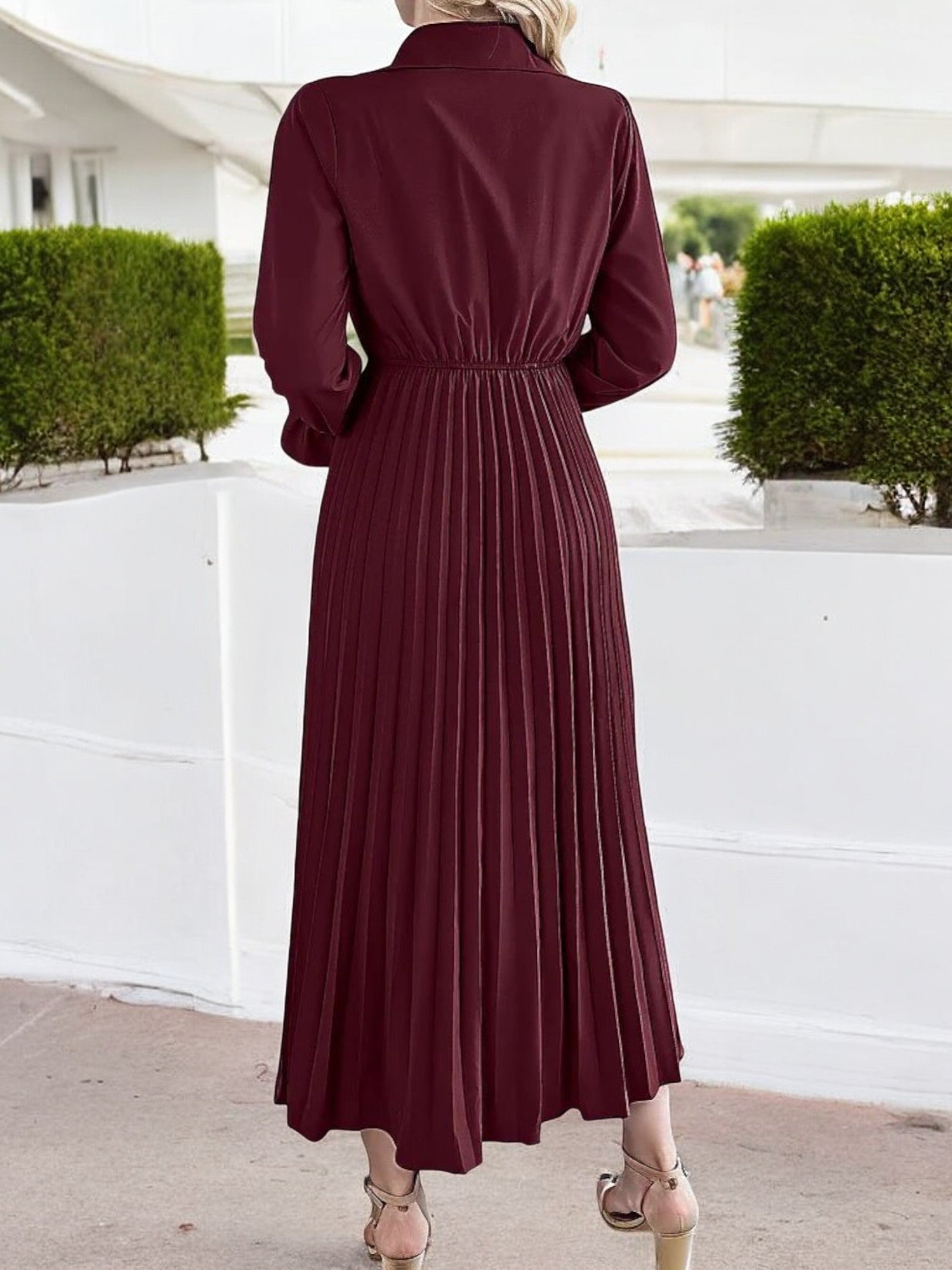 Anna-Kaci Women's Long Sleeve Pleated Midi Dress with Button-Down Front and Smocked Waist