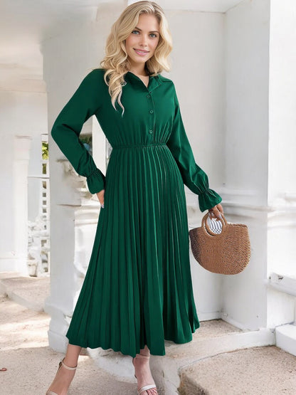 Anna-Kaci Women's Long Sleeve Pleated Midi Dress with Button-Down Front and Smocked Waist