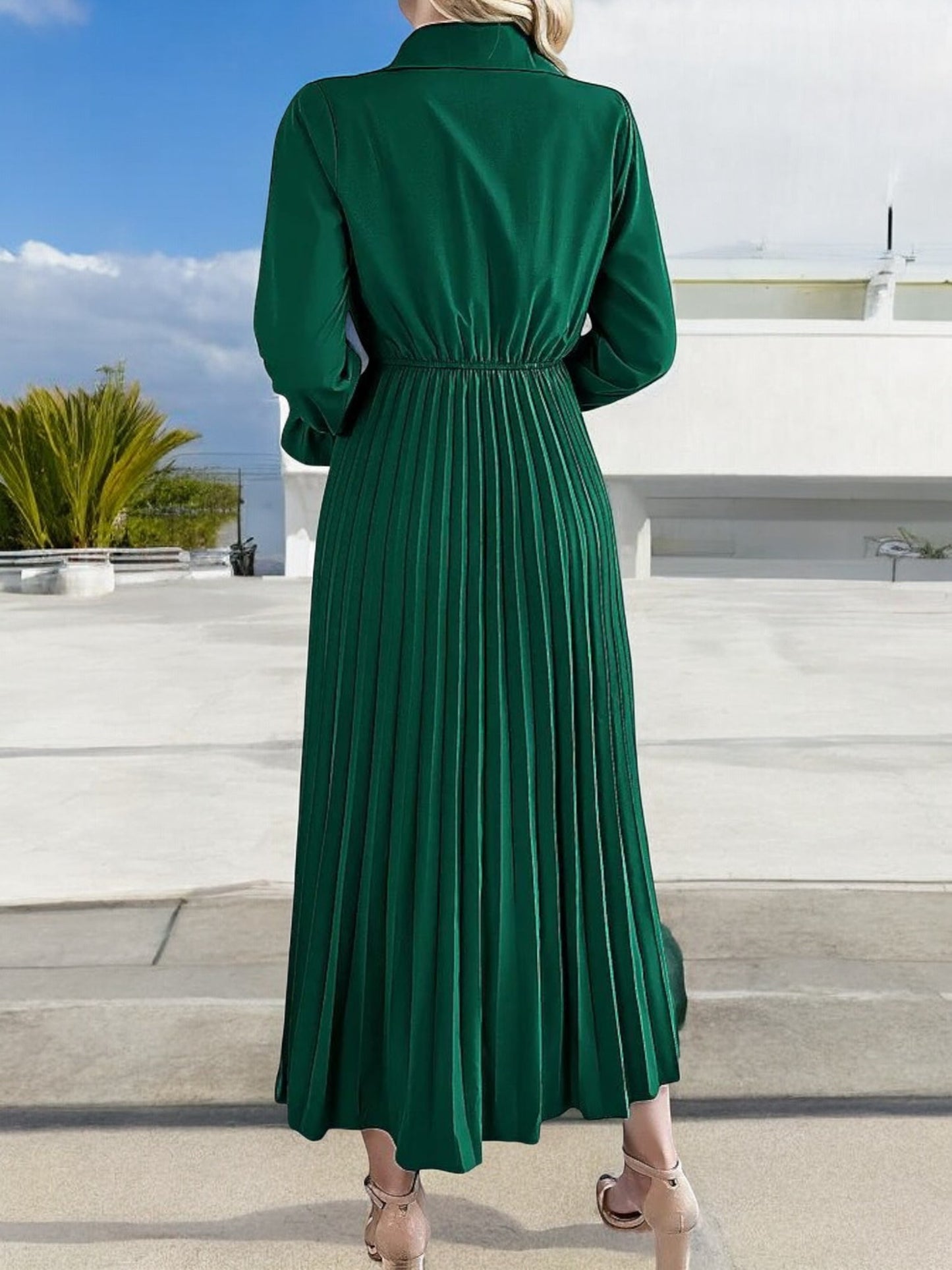 Anna-Kaci Women's Long Sleeve Pleated Midi Dress with Button-Down Front and Smocked Waist