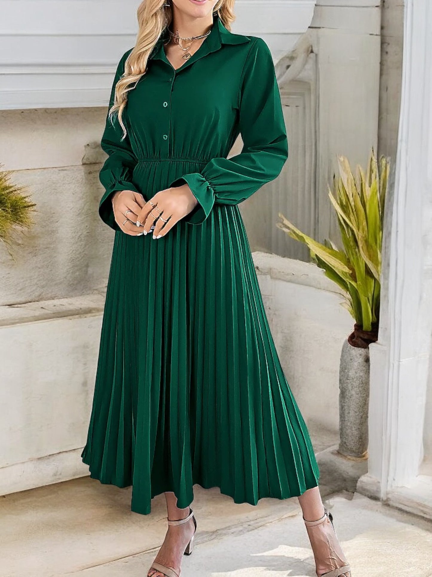 Anna-Kaci Women's Long Sleeve Pleated Midi Dress with Button-Down Front and Smocked Waist