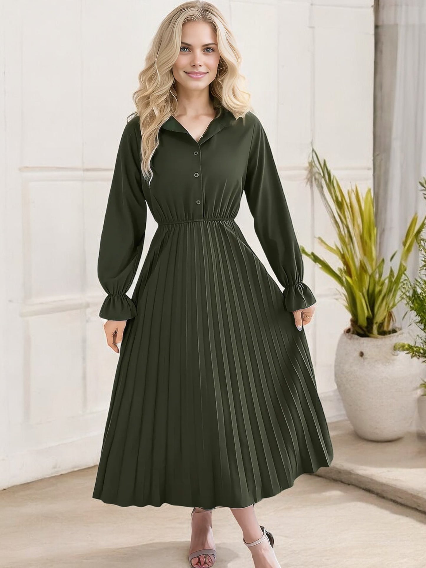 Anna-Kaci Women's Long Sleeve Pleated Midi Dress with Button-Down Front and Smocked Waist