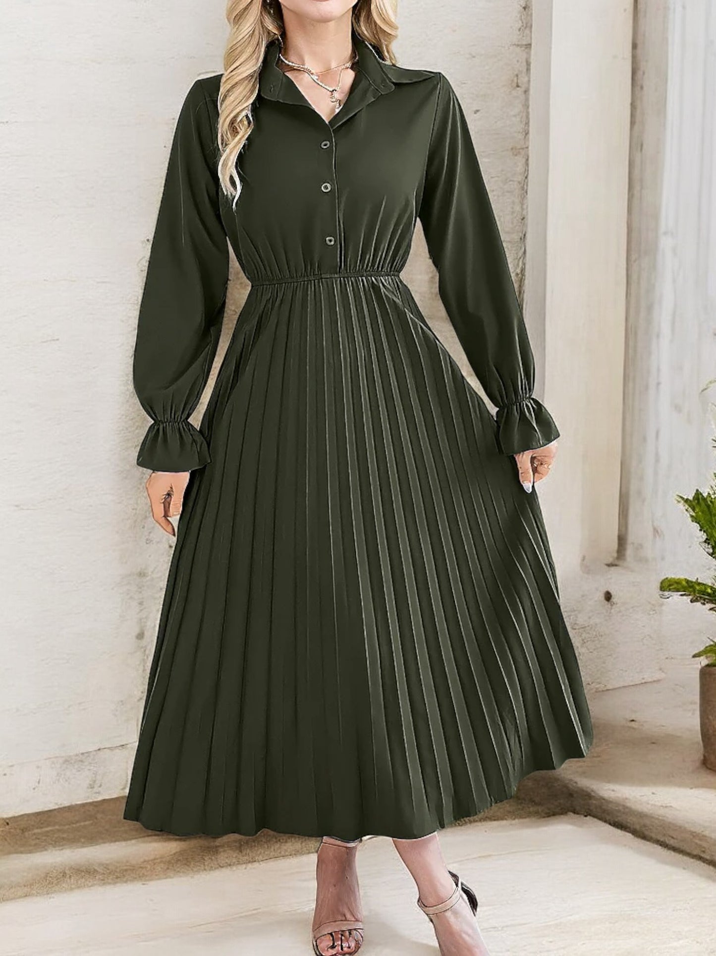 Anna-Kaci Women's Long Sleeve Pleated Midi Dress with Button-Down Front and Smocked Waist