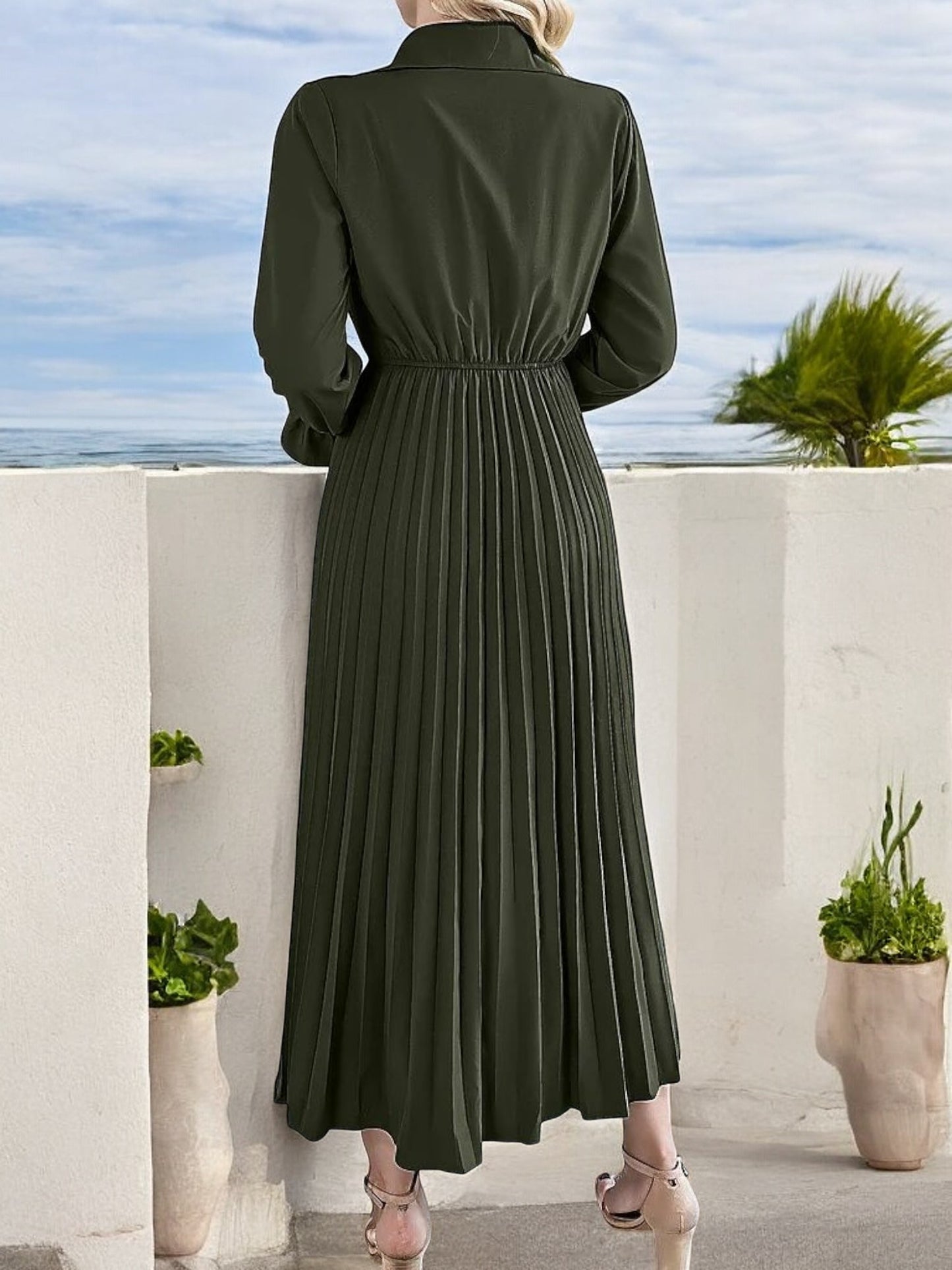 Anna-Kaci Women's Long Sleeve Pleated Midi Dress with Button-Down Front and Smocked Waist