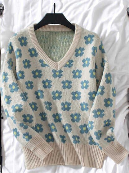 Anna-Kaci Women's Floral Print V-Neck Knit Sweater with Ribbed Cuffs