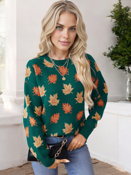 Anna-Kaci Women's Autumn Leaf Print Crew Neck Knit Sweater with Ribbed Cuffs